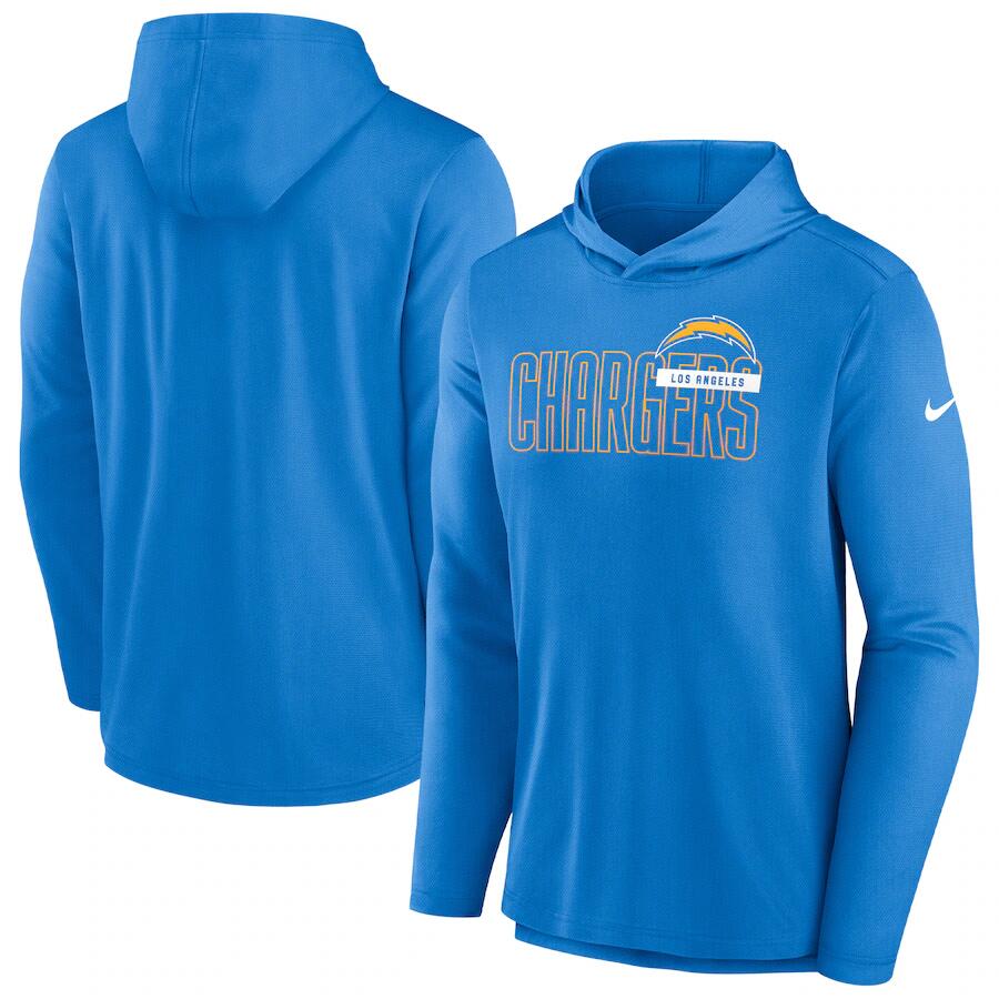 Men's Los Angeles Chargers Blue Lightweight Performance Hooded Long Sleeve T-Shirt